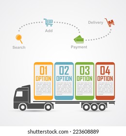 infographic template with truck carrying mobile phones and some icons, e-commerce, online shopping, shipping and delivery concept