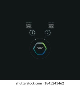 Infographic template with two hexagonal elements and text boxes on a black background. Modern business process data visualization. Vector illustration easy to edit and customize. Eps 10