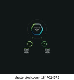 Infographic template with two hexagonal elements and text boxes on a black background. Modern business process data visualization. Vector illustration easy to edit and customize. Eps 10