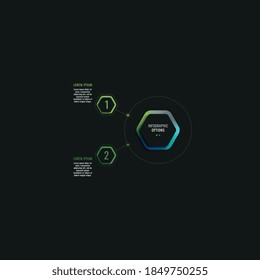 Infographic template with two hexagonal elements and text boxes on a black background. Modern business process data visualization. Vector illustration easy to edit and customize. Eps 10