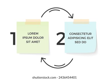 Plantilla de infografía con dos opciones con notas de papel y flechas dibujadas a mano, ilustración vectorial eps10