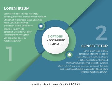 Plantilla infográfica con dos pasos u opciones, diagrama de círculo, ilustración de eps10 vectoriales