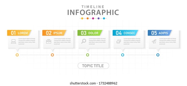 Infographic template vector for business, 5 Steps Modern Timeline diagram calendar with boxes.