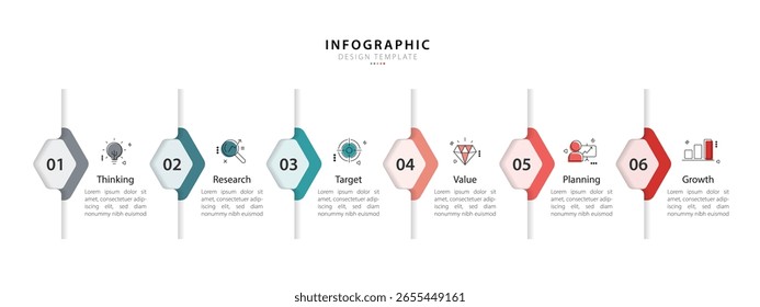 Infográfico modelo vetor design. 6 Passo de jornada de linha do tempo, modelo de design de infográficos simples plana. gráfico de apresentação. Conceito de negócios com opções de números 6 ou ilustração vetorial de etapas.