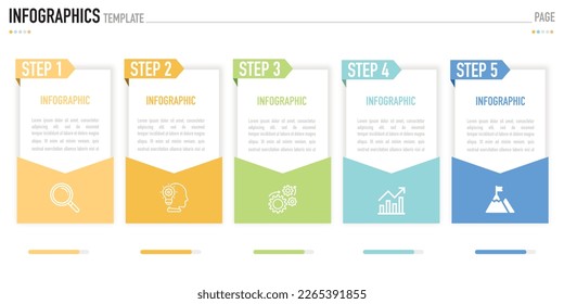 Plantilla infográfica como vector tiene 5 pasos, elementos o procesos, con rectángulos e iconos coloridos, estilo simple o mínimo, sobre fondo blanco para presentación de trabajo de negocios y 5 etiquetas de temas