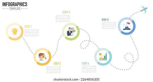 Plantilla infográfica como vector que incluye 5 pasos o proceso para presentación de trabajo empresarial, con forma de círculo colorido e icono sobre fondo blanco, hoja de ruta de línea y avión, estilo mínimo 