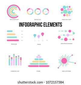 Infographic Template Vector Set, Clean Business Strategy Presentation. Pie Chart, Circular Bar, Linear Diargam Technology Data Simple Layout. Chart Graphic, Marketing Data Infographic Elements