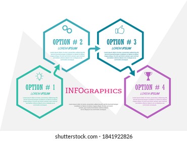 Infografische Vorlage mit visuellen Symbolen. 4 Stufen des Geschäfts, der Ausbildung, des Marketing oder des finanziellen Erfolgs. Vektorgrafik