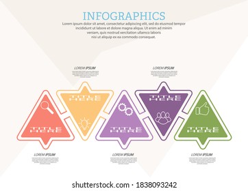 Infografische Vorlage mit visuellen Symbolen. 5 Stufen des Geschäfts, der Ausbildung, des Marketing oder des finanziellen Erfolgs. Vektorgrafik