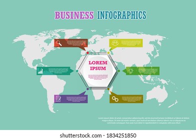 Infografische Vorlage mit visuellen Symbolen. 6 Schritte zur Modellierung eines Geschäfts, der Finanzen, des Projekts, des Plans oder des Marketing. Vektorgrafik