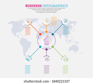 Infographic template with visual icons. 6 stages of business, training, marketing or financial success. Vector illustration