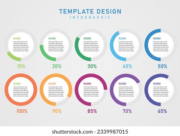 Infographic Template White Circles Center Letters Outer Circles divided into multi-colored sections on a gray background Multi colored percentage numbers below. gray gradient background