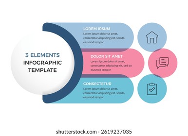 Infographic template with a white circular central section for the title, three horizontal elements for your text and with circles for icons vector eps10 illustration