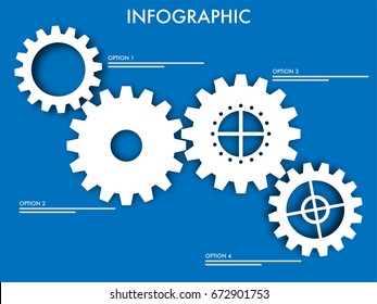 Infographic template with white cogwheels with four step options for your Business presentation.