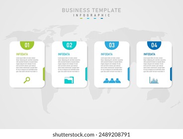 Infographic template A white square with text in the center a multi-colored semicircle on top with numbers in the middle with multi-colored icons on the bottom. Map below with gray gradient background