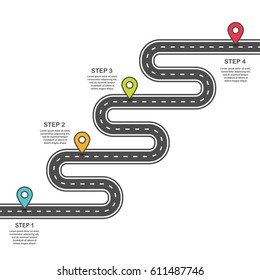 Infographic template. Winding asphalt road with colour pin-pointers. Vector EPS 10
