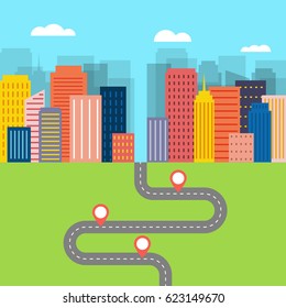 Infographic template. Winding asphalt road with pin-pointers. Officeworks city concept. Road in a flat style illustration. Vector EPS 10