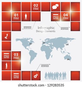 An Infographic Template With A World Map And Different Depth Square Elements Around