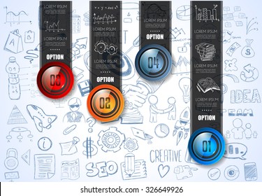 Infographic template for your business solutions presentation. A lot of Infographics elements with options over a doodle sketches background with graphs, maths formula and so on.