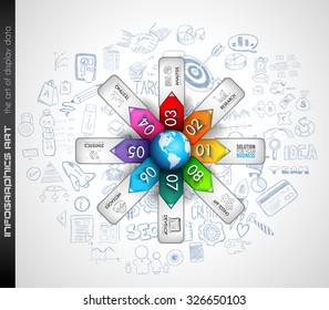 Infographic template for your business solutions presentation. A lot of Infographics elements with options over a doodle sketches background with graphs, maths formula and so on.
