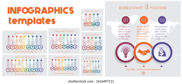 Infographic templates. Charts business infographic step by step 3 4 5 6 7 8 9 10 positions colorful bubbles 