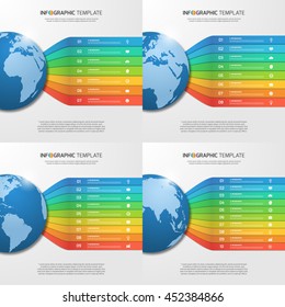 Infographic templates with globe with 7, 8, 9, 10 options, parts, steps, processes for graphs, charts, diagrams. Business, education, travel and transportation concept