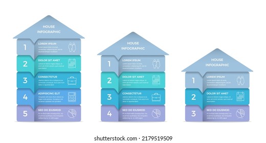 Plantillas de infografía con casa dividida en segmentos con lugar para texto e iconos, vectorial eps10 ilustración