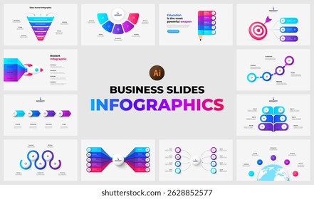 Modelos infográficos ideais para apresentações, incluindo gráficos, fluxos e gráficos, adequados para negócios, marketing e educação. Aprimore sua apresentação de slides com esses designs visualmente impressionantes