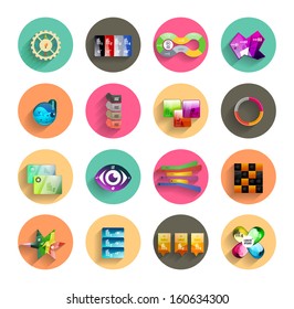Infographic templates inside colorful circles. Set of flat icons with shadow for business / technology presentation / mobile app