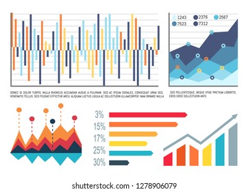 Infographic and text sample, explanation data vector. Schemes presentation of information, location pointers and growing chart results. Graphics set