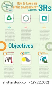 Infographic that we can do to improve the environment, with icons to apply the 3Rs and objectives to achieve with the measures.vectorial illustration.concept to improve environment