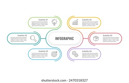 Infografía delgada línea colorida Plantilla de diseño. 6 opciones o proceso para el éxito. Presentación de negocios, Organización, Proyecto, Anuncio, Marketing y Flujo de Trabajo. Ilustración vectorial.