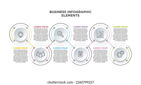 Infografisches Dünnzeilendesign mit Symbolen und 6 Optionen oder Schritten. Für Inhalt, Diagramm, Ablaufdiagramm, Schritte, Teile, Timeline-Infografiken, Workflow, Diagramm.