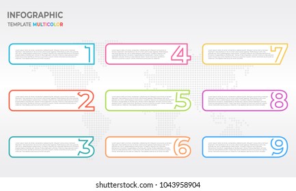 Infographic thin line design template with numbers 9 options.