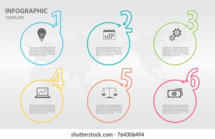 Infographic thin line design template with numbers 6 options.