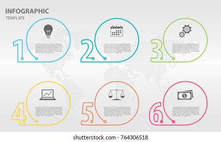 Infographic thin line design template with numbers 6 options.