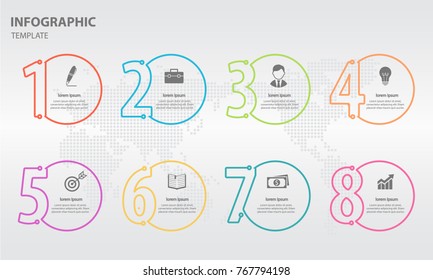 Infographic thin line design template with numbers 8 options.