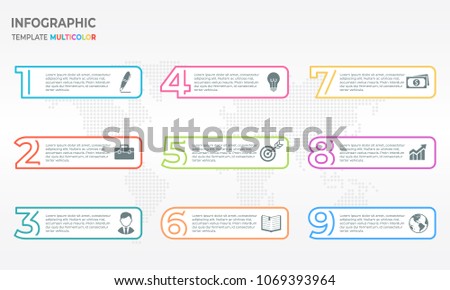 Infographic thin line design template with numbers 9 options.