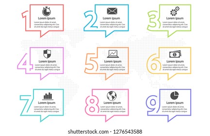 Infographic thin line template with numbers 9 options.