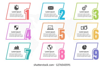 Infographic thin line template with numbers 9 options.