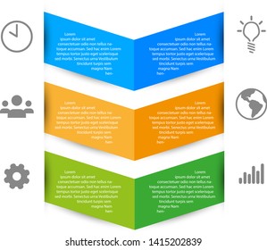 Infographic with three color text boxes and six information icons