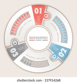 Infographic Three Steps With Progress Bar. Circular Puzzle. Can Be Used For Diagram, Layout, Options, Steps, Web Design, Infographics...