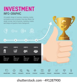 Infographic thumb up concept. Businessman hand with trophy. Use for business, marketing, creative, web design and graphics. Vector, Background.