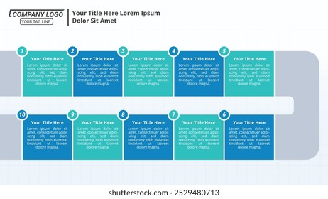 Cronograma infográfico com 10 etapas em um layout 16:9 para apresentações de negócios, gerenciamento e avaliação.