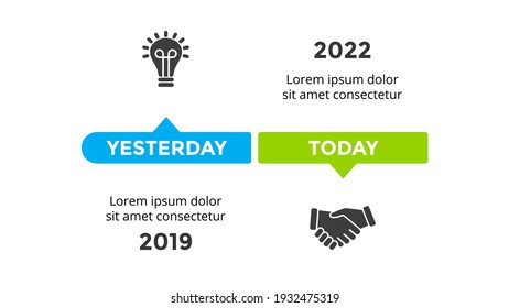 Infographic timeline for 2 steps, options. Presentation slide template. Light bulb and handshake icons.