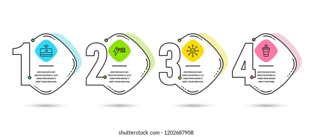 Infographic timeline 4 options or steps. Set of Contactless payment, Quickstart guide and Survey check icons. Takeaway sign. Financial payment, Lightning symbol, Correct answer. Timeline vector