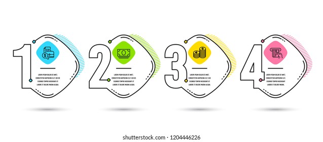 Infographic timeline 4 options or steps. Set of Currency, Cash money and Accounting report icons. Credit card sign. Euro and usd, Banking currency, Financial case. Atm payment. Vector