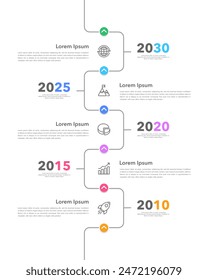 Infographic timeline of 5 important events in business vertical template. Business presentation, Planning, Report, Data and Milestone. Vector illustration.