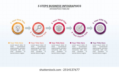 Infographic Timeline with 5 Steps on a 16:9 Layout for Business Presentations, Management, and Evaluation.