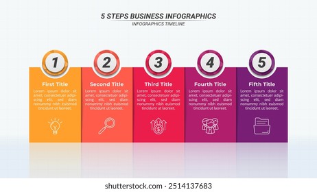 Infographic Timeline with 5 Steps on a 16:9 Layout for Business Presentations, Management, and Evaluation.